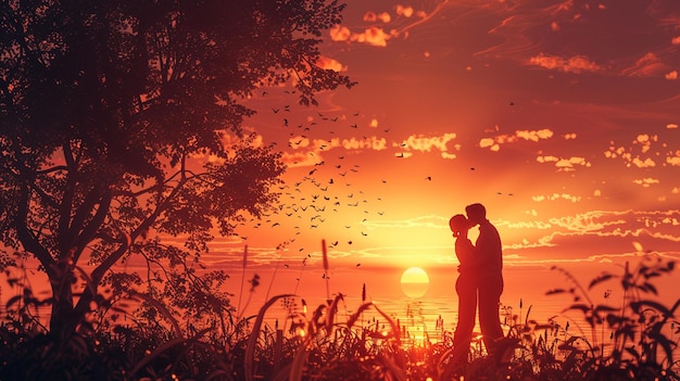 una puesta de sol con una pareja besándose en primer plano