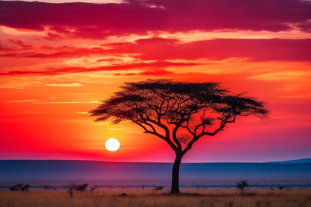 puesta de sol en el parque nacional de Masai Mara, Kenia