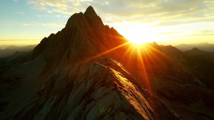 La puesta de sol en el pico de la montaña