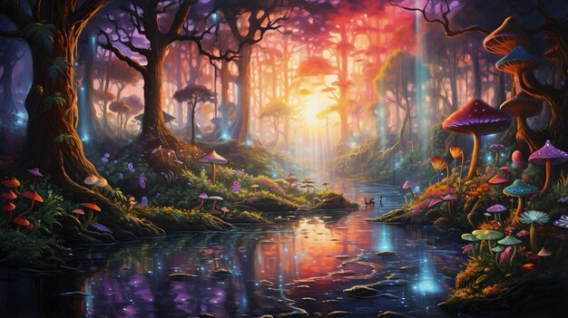 La puesta de sol en una pintura de bosque de fantasía