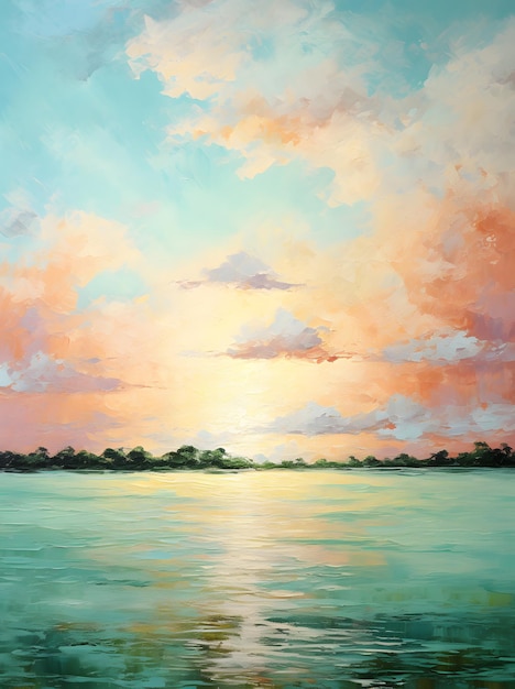 puesta de sol en la pintura del lago