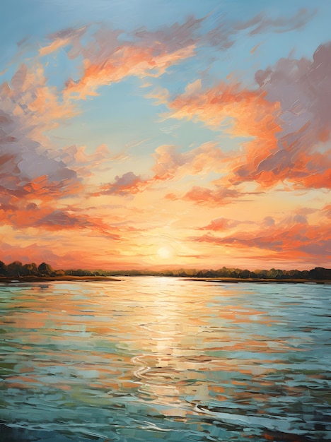 puesta de sol en la pintura del lago