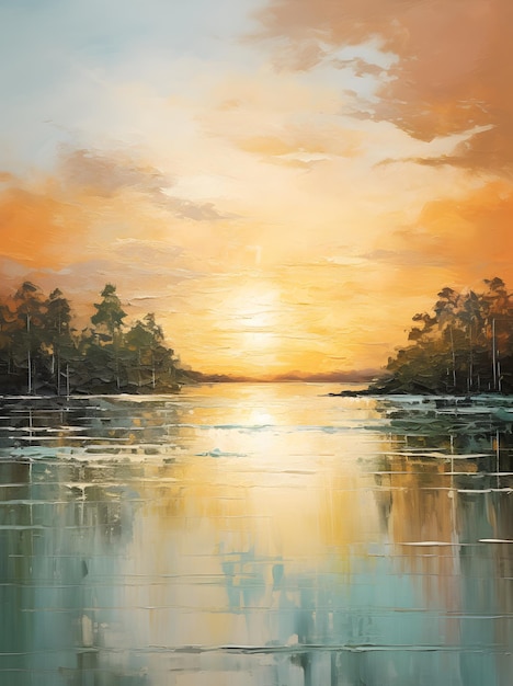 puesta de sol en la pintura del lago