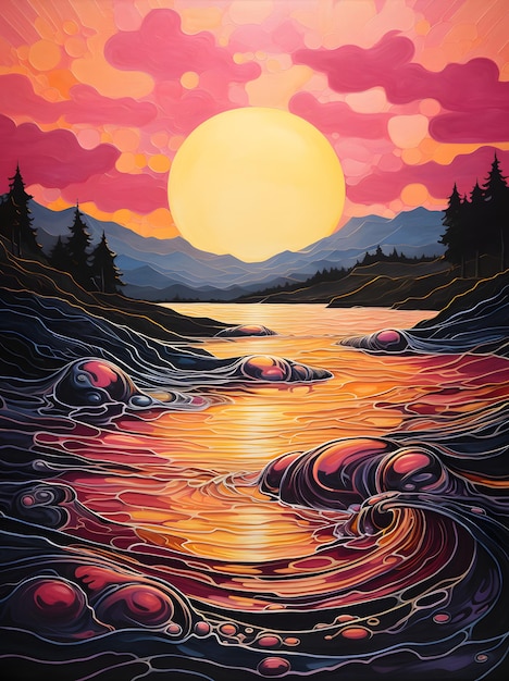 puesta de sol en la pintura del lago