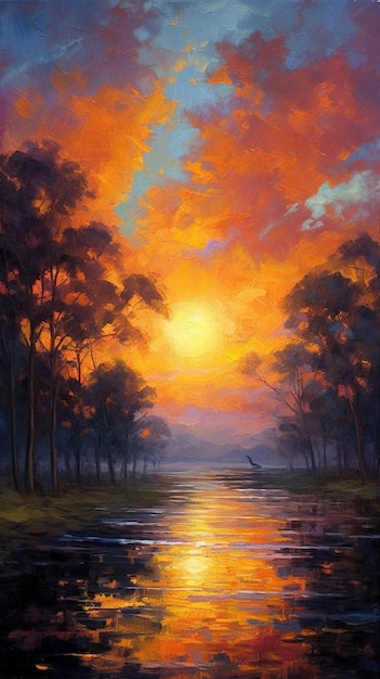 puesta de sol en la pintura de la selva