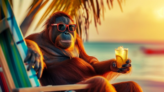 La puesta de sol en una playa de arena una pancarta con un orangután en gafas de sol sentado en una silla de sol y pasas