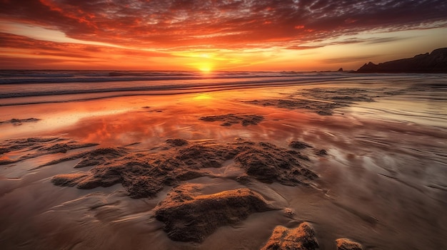 Una puesta de sol en la playa con un cielo colorido