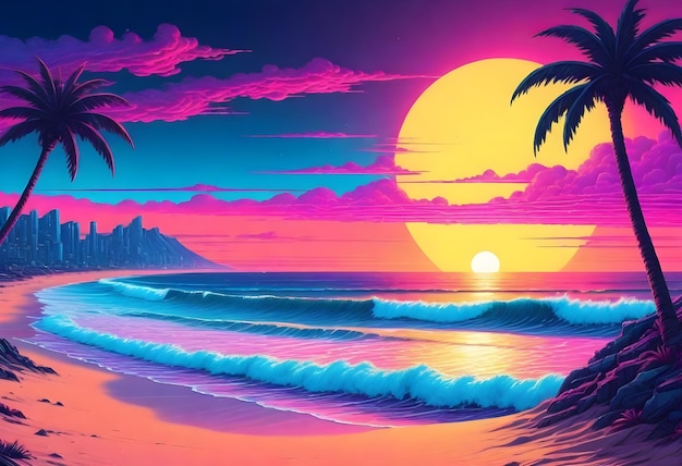 La puesta de sol en una playa con el cielo rosa y púrpura reflejando el agua