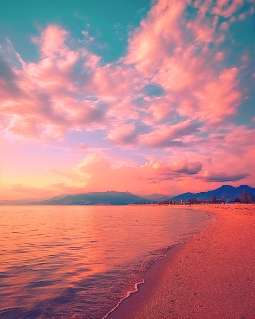 puesta de sol en la playa con un cielo rosado y nubes generativas ai