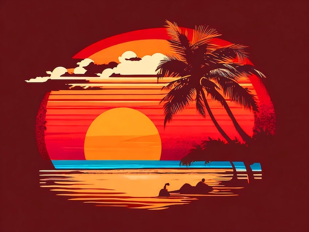 Puesta de sol en la playa diseño de camiseta retro vintage