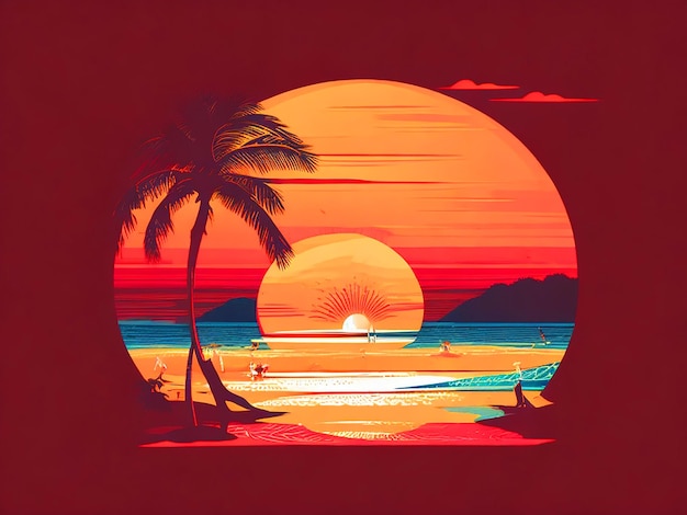 Puesta de sol en la playa diseño de camiseta retro vintage