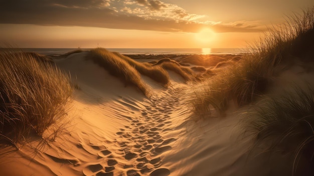 Puesta de sol en la playa con dunas de arena y puesta de sol