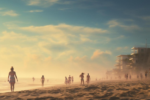 Una puesta de sol en una playa con gente caminando sobre la arena.