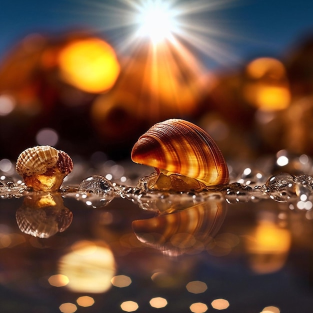 puesta de sol en la playa del mar reflejo de los rayos de luz del sol en el agua del mar y piedras preciosas de ámbar salvaje y conchas marinas