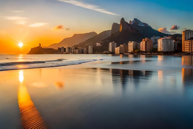 una puesta de sol con una playa y montañas en el fondo