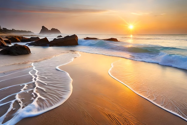 Una puesta de sol en la playa con olas rompiendo en la arena