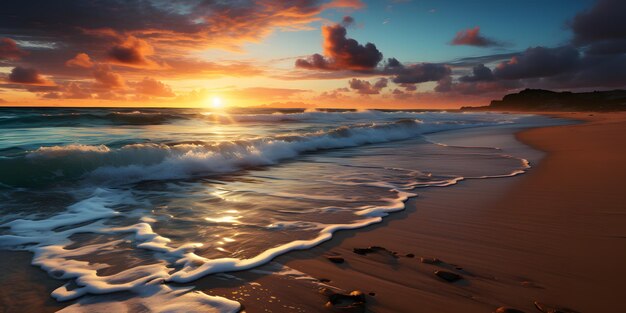 puesta de sol en la playa con olas rompiendo frente al sol IA generativa