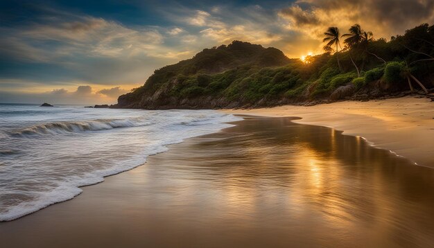 Foto una puesta de sol en una playa con una palmera en el fondo