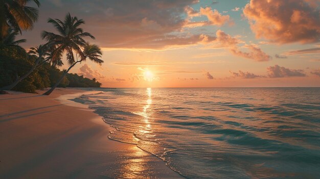 Foto puesta de sol en la playa con palmeras ai generar