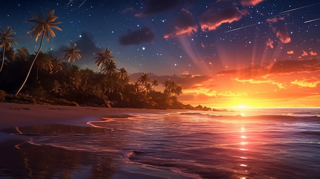 La puesta de sol en la playa con palmeras y un cielo lleno de estrellas generativo ai