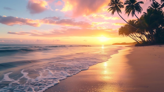 Puesta de sol en la playa con palmeras IA generativa