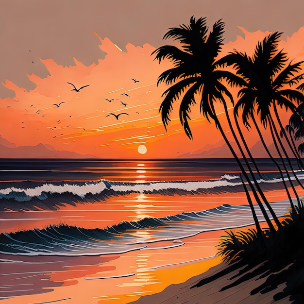 Puesta de sol en la playa con palmeras y pájaros volando sobre el agua
