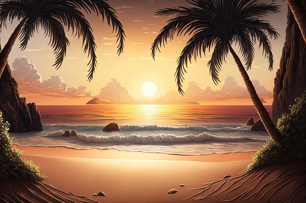 Una puesta de sol en una playa con palmeras y la puesta de sol detrás de ella.