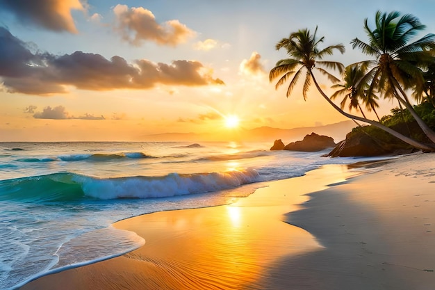 Una puesta de sol en una playa con palmeras y la puesta de sol detrás de ellas.