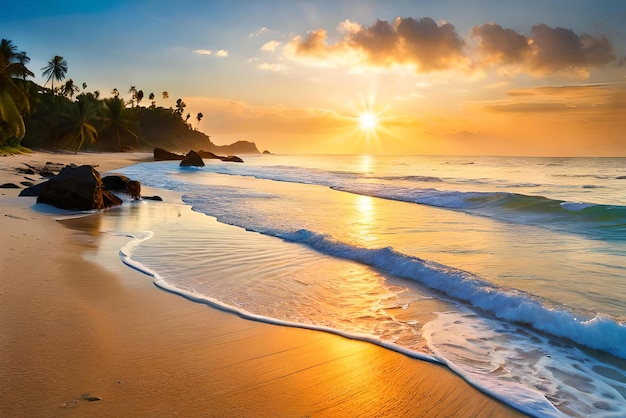 Una puesta de sol en una playa con palmeras y una puesta de sol.