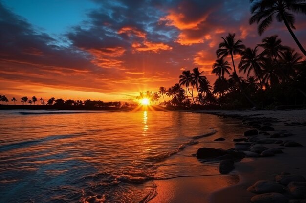 La puesta de sol en la playa con palmeras y rocas hermosa puesta de sol En la playa