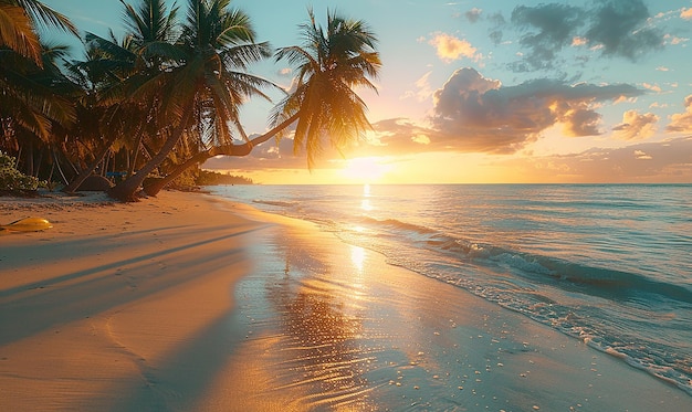 una puesta de sol en una playa con palmeras y el sol brillando a través de las nubes