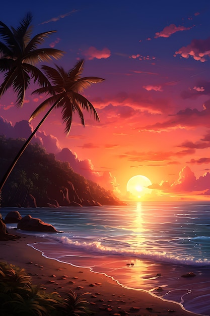 puesta de sol en una playa con palmeras
