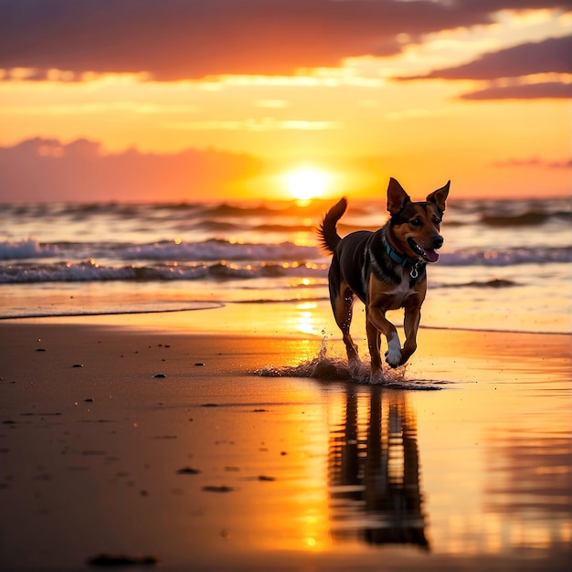 Una puesta de sol con una playa y un perro corriendo en la playa AI GENERADO.