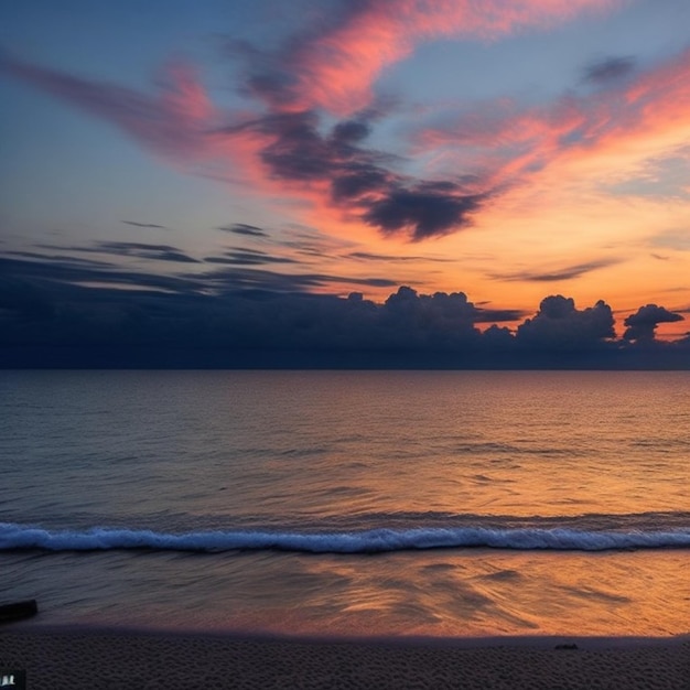 Una puesta de sol con una playa y una puesta de sol en el fondo