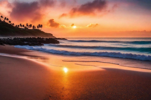 puesta de sol en una playa con una puesta de sol