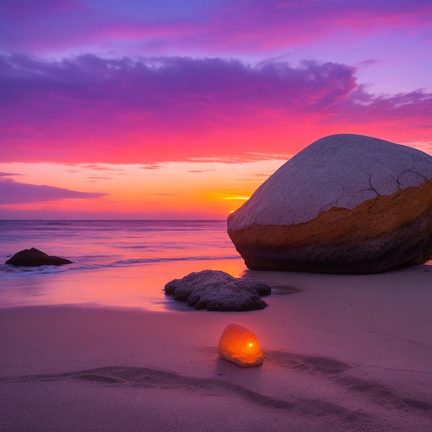 Una puesta de sol en la playa con una roca en primer plano