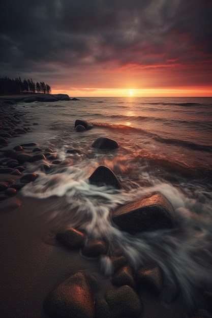 Una puesta de sol en la playa con rocas y el cielo.