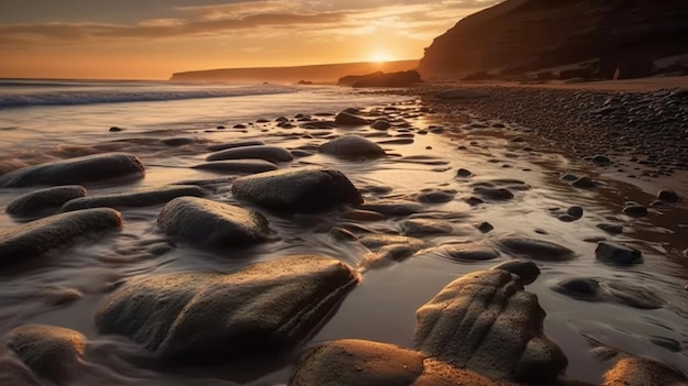 Una puesta de sol en la playa con rocas y puesta de sol.