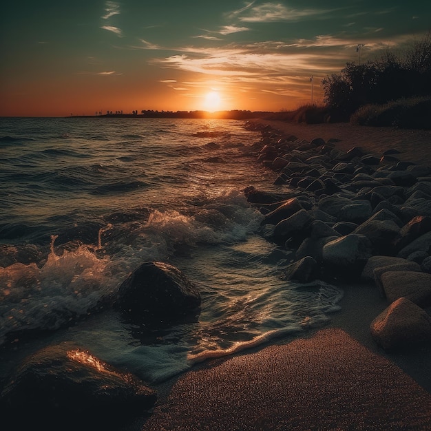 Una puesta de sol en la playa con el sol poniéndose detrás