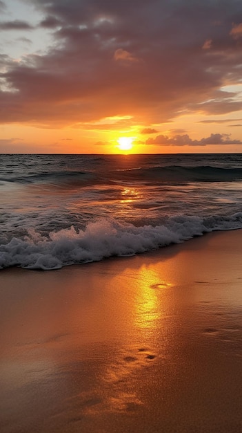 Una puesta de sol en la playa con el sol reflejado en el agua