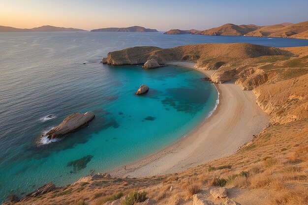 Foto la puesta de sol en la playa de stin kolonna, la isla de kythnos, las cícladas, las islas griegas, grecia, europa.