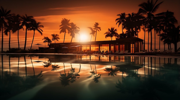 puesta de sol en una playa tropical con agua y palma generativa de IA