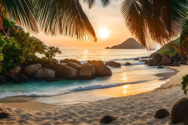 Puesta de sol en una playa tropical con palmeras y puesta de sol