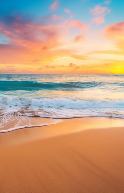 La puesta de sol en una playa tropical de verano con arena suave y olas cristalinas del océano