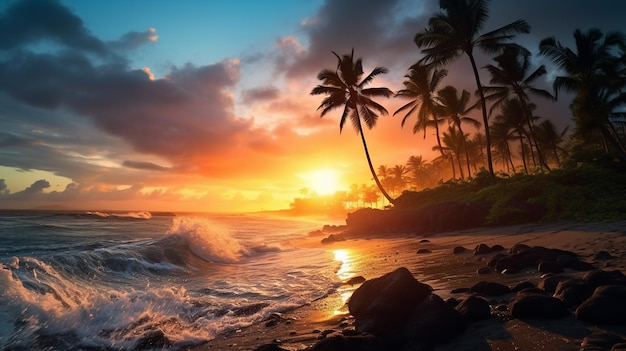 Una puesta de sol en una playa tropical