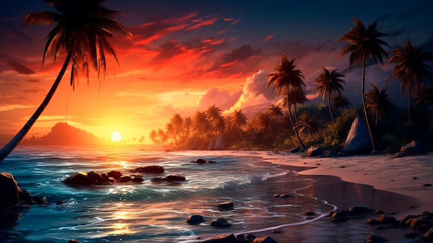 Puesta de sol en la playa con vista al océano de las palmeras IA generativa