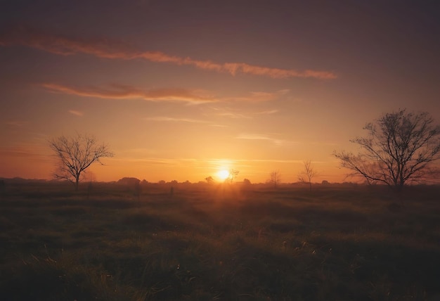 una puesta de sol con unos pocos árboles en el primer plano y una posta de sol en el fondo