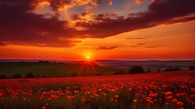 La puesta de sol de primavera con sombras de color rosa naranja sobre los campos