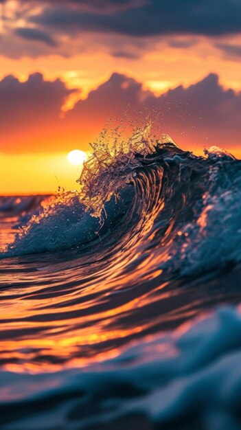 La puesta del sol proyecta una brillante luz naranja sobre las olas del océano