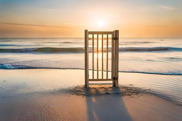 Una puesta de sol con una puerta en la arena.